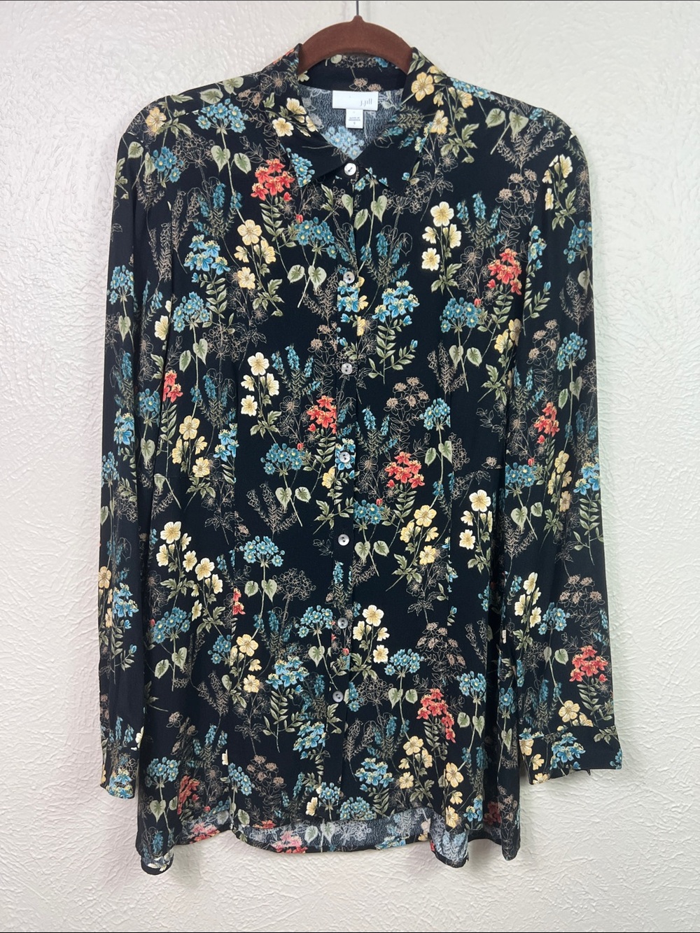 J. Jill Black Allover Colorful Floral Print Long Sleeve Tunic Blouse Small